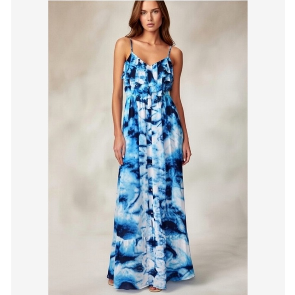 STYLE & CO Tie Dye Ruffle Front Beaded Maxi Dress